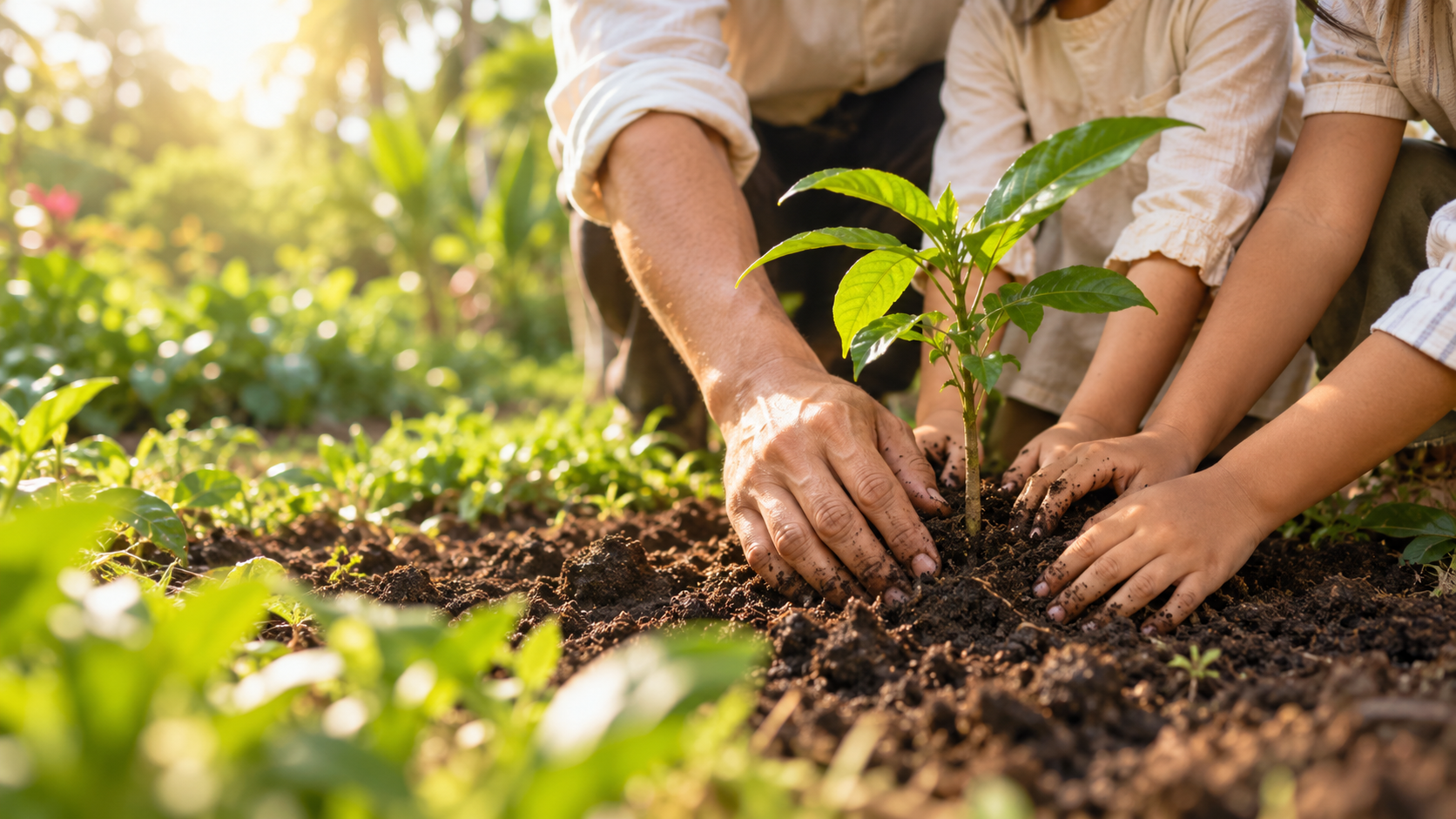 Symbolic image of adults and children nurturing a young tree together